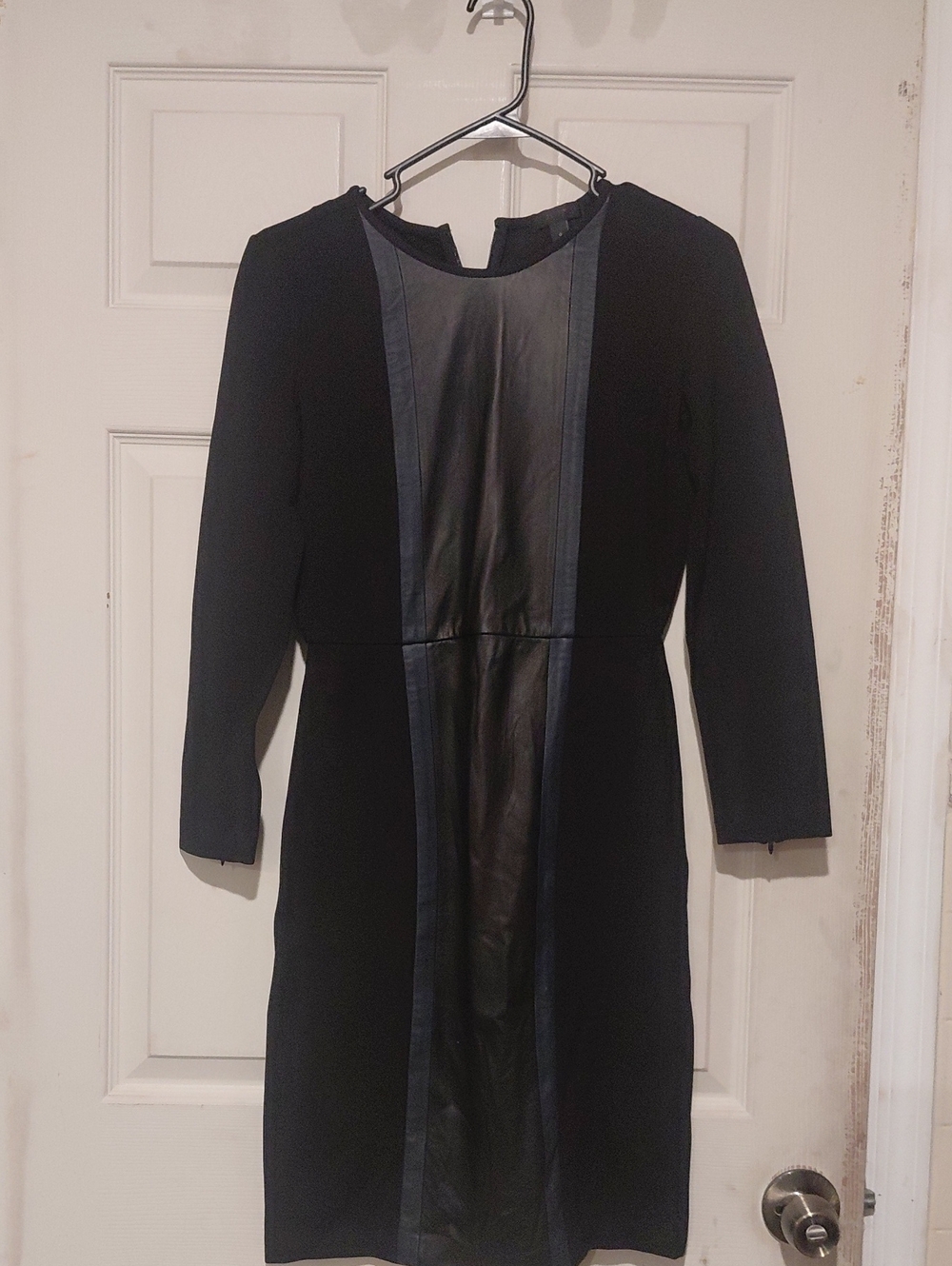 J. Crew Black 100% Leather And Fabric Women Panel Long Sleeve Sheath Dress Sz 0